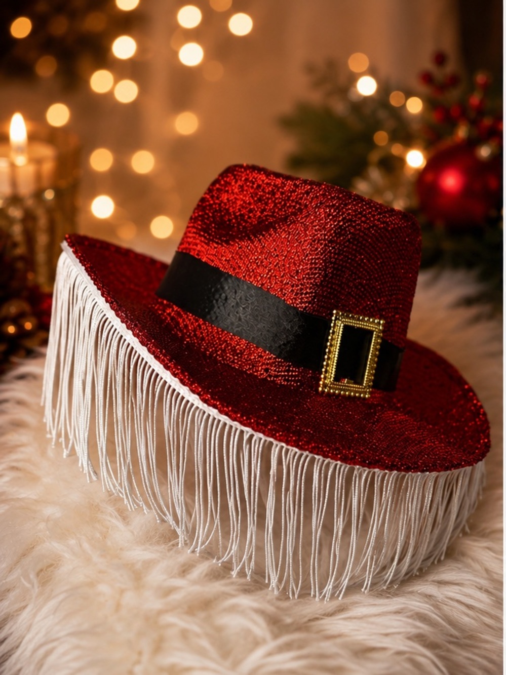 Sparkly Santa Cowboy Hat with white fringe🎄